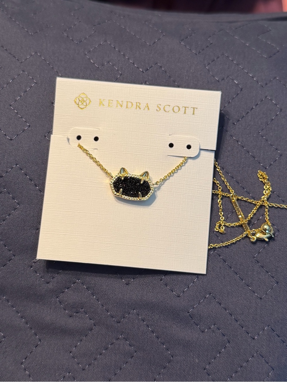 Kendra Scott Black Drusy Cat Pendant Necklace - Gold-New